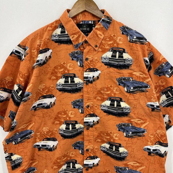 RedHead Short Sleeve Button Shirt Men's 2XL Orange Classic Cars Hawaiian Vtg - Picture 2 of 9